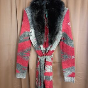 Women's Red and Gray Sweater with Faux Fur Collar